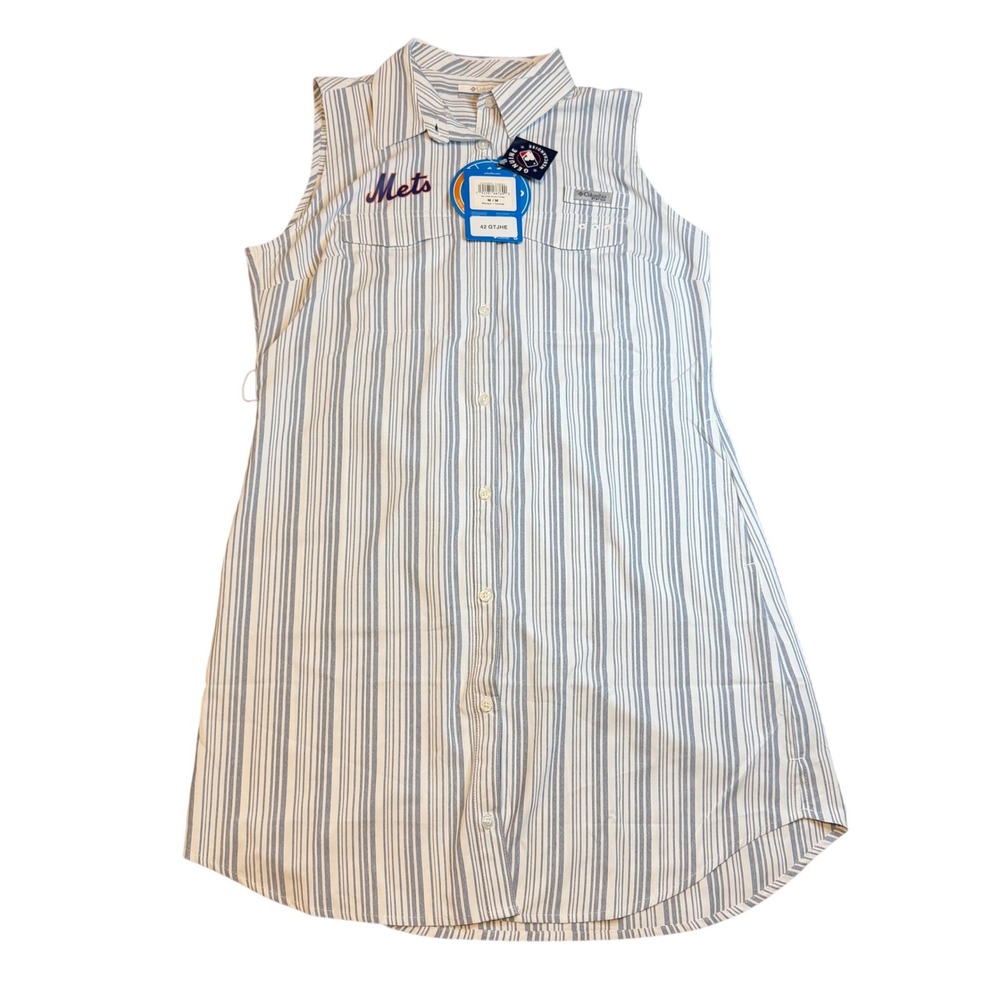 Columbia PFG New York Mets Sun Drifter Woven II Dress Blue White Stripe Womens M